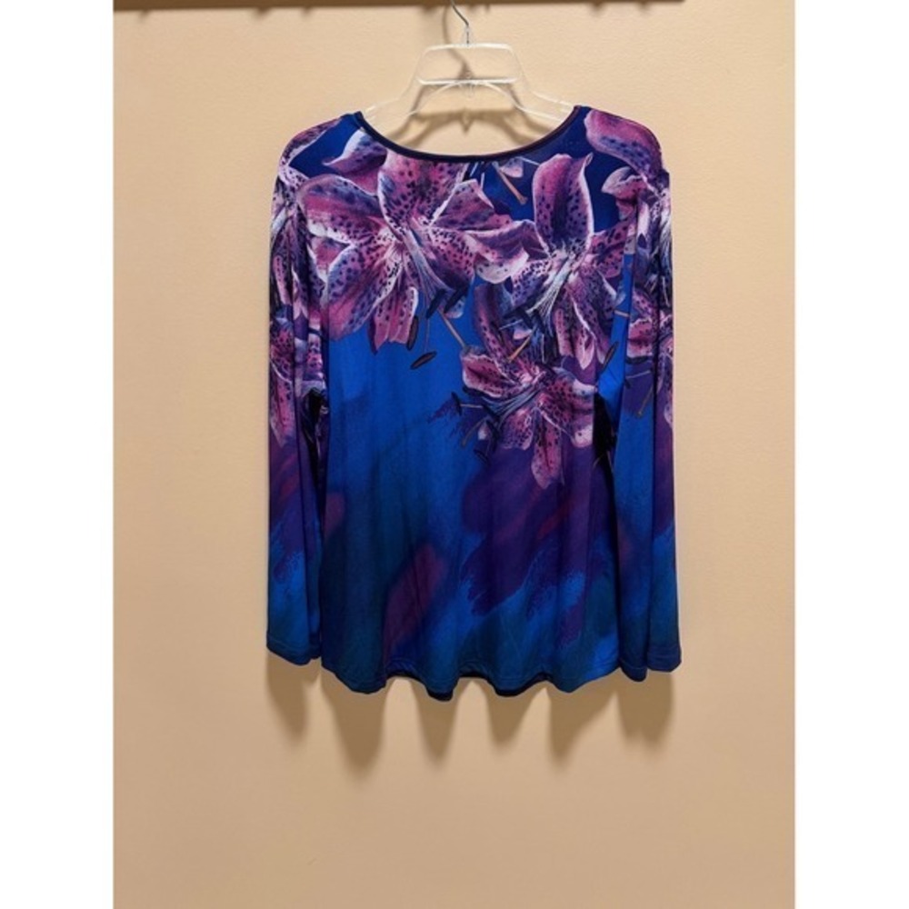 Bob Mackie Wearable Art Floral Long Sleeve Blouse Blue Purple Jersey Knit Lg - Picture 14 of 15